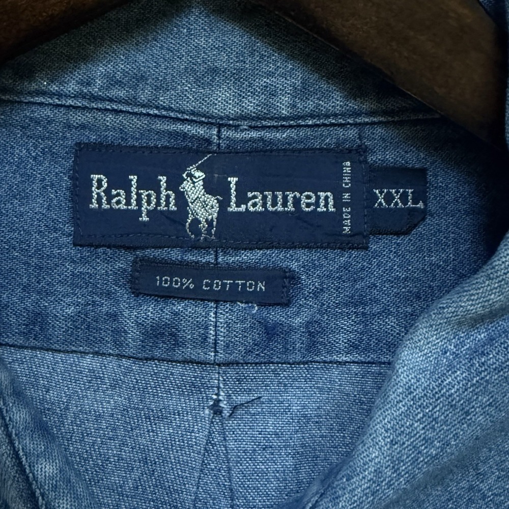 Vintage Polo Ralph Lauren Oxford Denim Shirt Mens 2XL Blue Red Pony Cotton - Picture 4 of 7